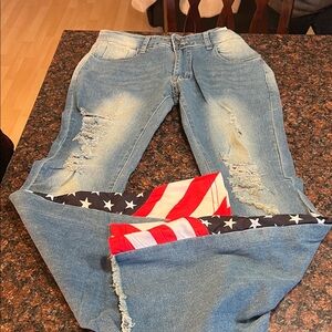 Distressed Blue Jeans with American Flag Detail